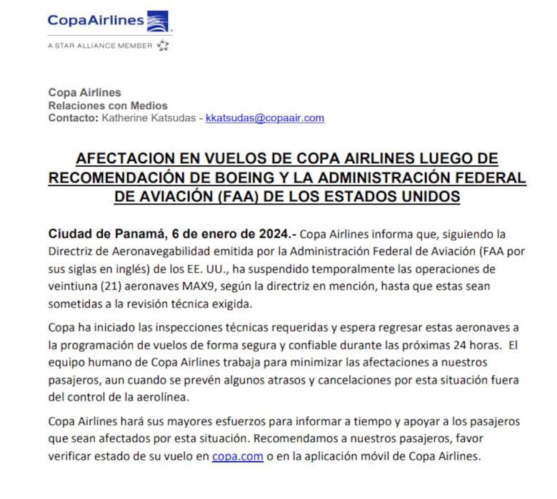 Copa Airlines suspende temporalmente 21 aviones Boeing 737 MAX 9