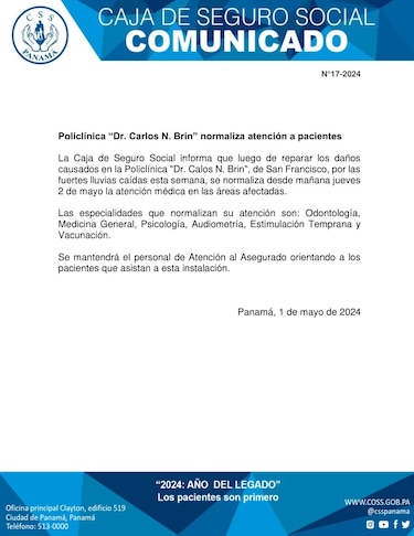Policlínica de San Francisco reanuda desde este jueves la atención en seis especialidades tras afectaciones por lluvia