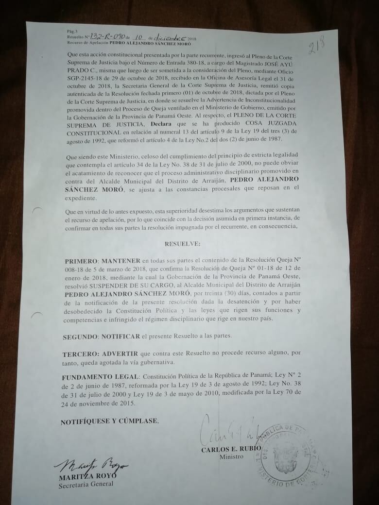 Vicealcaldesa de Arraiján asume control de municipio; alcalde Pedro Sánchez Moro es suspendido