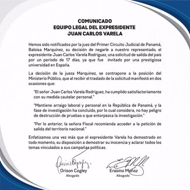 Jueza Baloisa Marquínez niega permiso de salida del país al expresidente Juan Carlos Varela