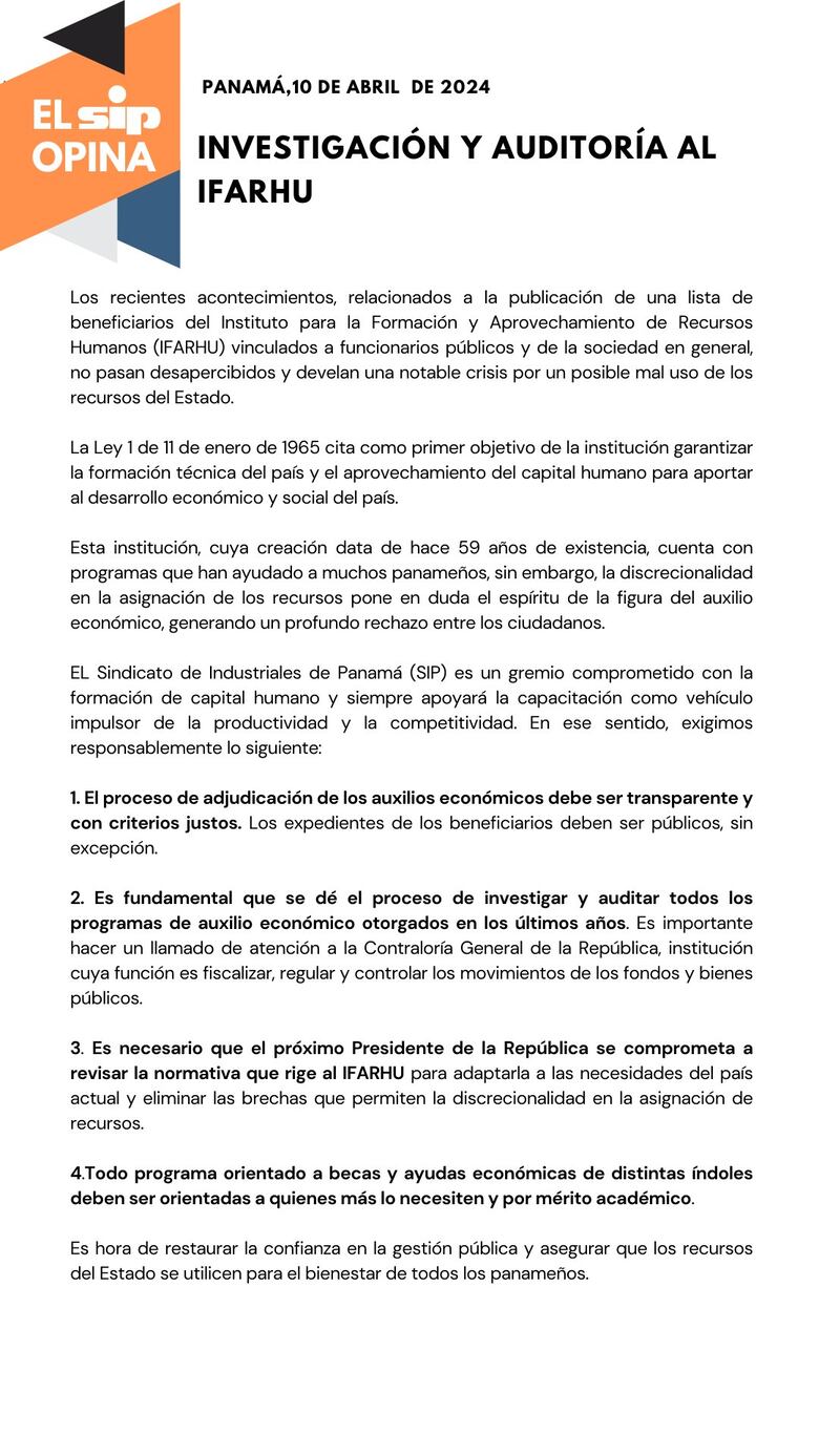 Sindicato de Industriales pide investigar y realizar una auditoría en el Ifarhu