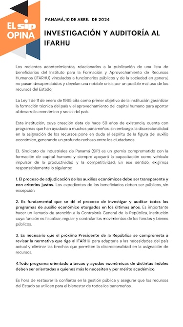Sindicato de Industriales pide investigar y realizar una auditoría en el Ifarhu