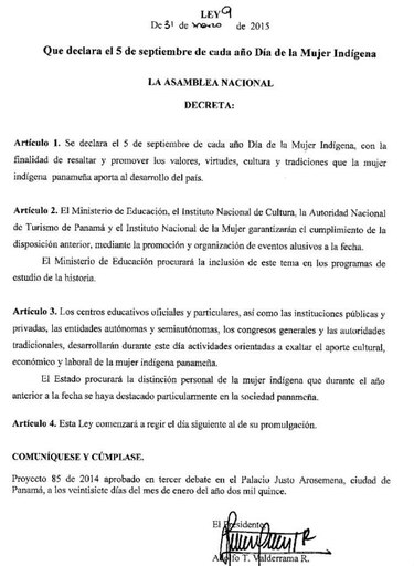 Gobierno de Panamá declara el 5 de septiembre como Día de la Mujer Indígena
