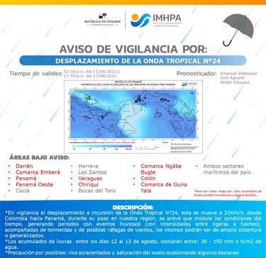 Emiten aviso de vigilancia para diferentes sectores del país por la incursión de la onda tropical 24