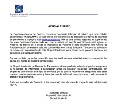 Superintendencia denuncia que empresa Asobank actúa como banco sin tener permisos en Panamá