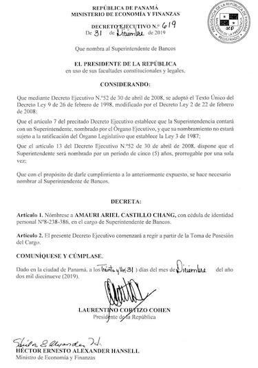 Amauri Castillo toma posesión como nuevo Superintendente de Bancos de Panamá