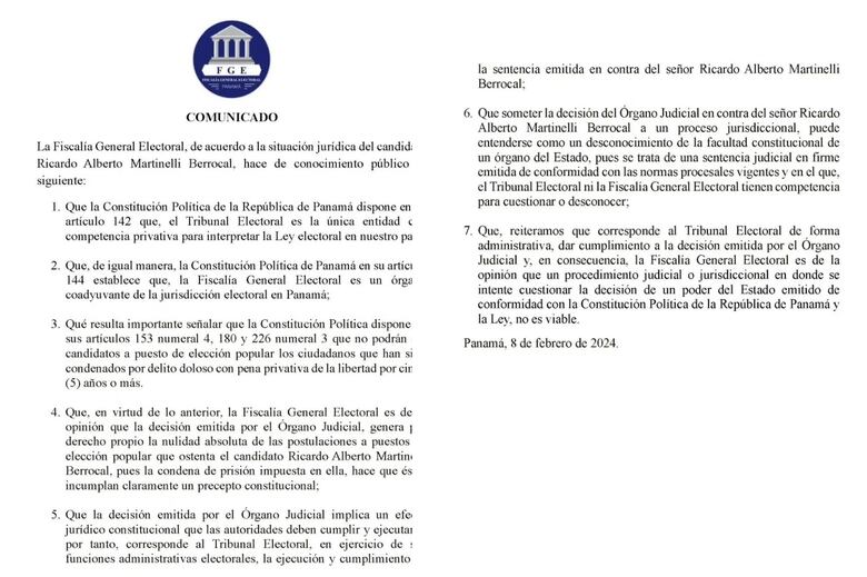 Fiscalía Electoral: decisión del Órgano Judicial genera la nulidad de las postulaciones de Ricardo Martinelli 