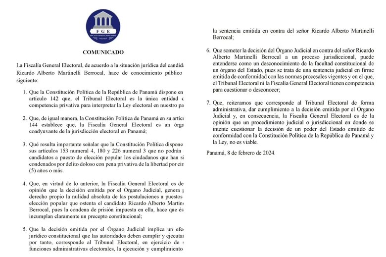 Fiscalía Electoral: decisión del Órgano Judicial genera la nulidad de las postulaciones de Ricardo Martinelli