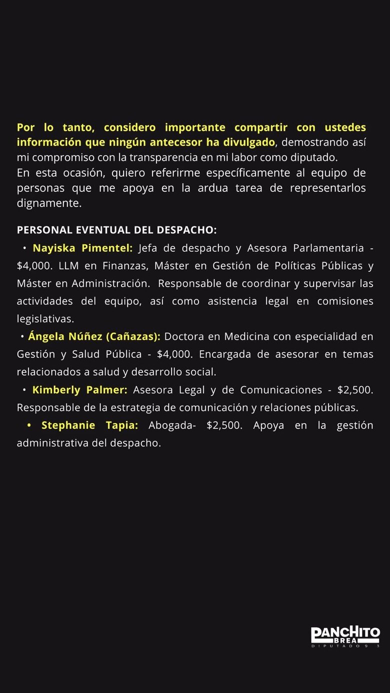 Diputado Brea responde a informe sobre gastos de planilla y detalla la composición de su equipo