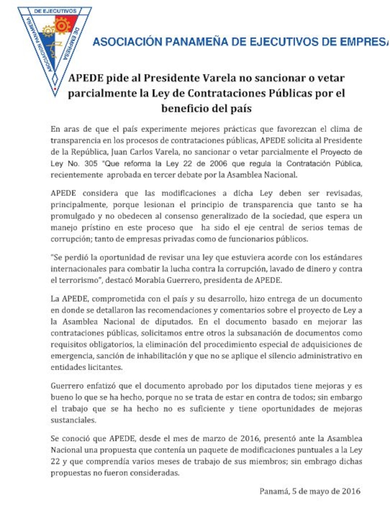 Apede pide al presidente Varela 'no sancionar o vetar parcialmente' Ley de Contrataciones Públicas