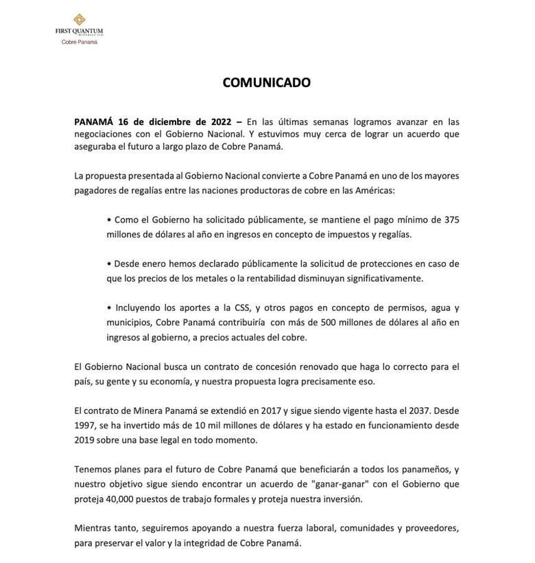 Minera Panamá asegura que el contrato ‘permanece en pie legal’