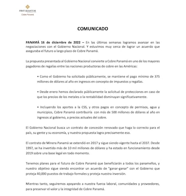Minera Panamá asegura que el contrato ‘permanece en pie legal’
