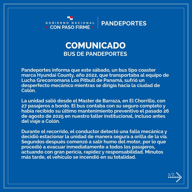 Bus de Pandeportes se incendia en la autopista Panamá-Colón; todos los pasajeros salieron ilesos