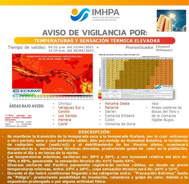 Emiten aviso de vigilancia por altas temperaturas y sensación térmica elevada en el país