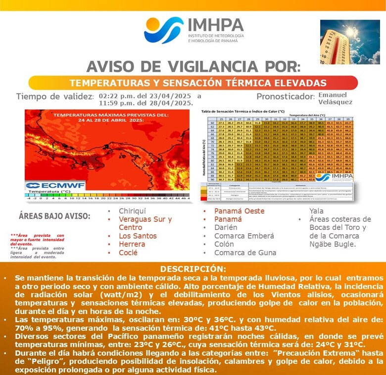 Emiten aviso de vigilancia por altas temperaturas y sensación térmica elevada en el país