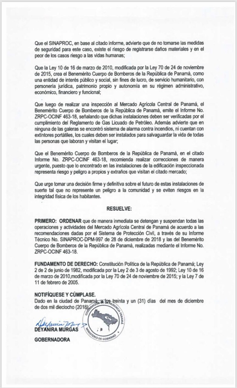 Gobernación de Panamá ordena el cierre definitivo del Mercado de Abastos