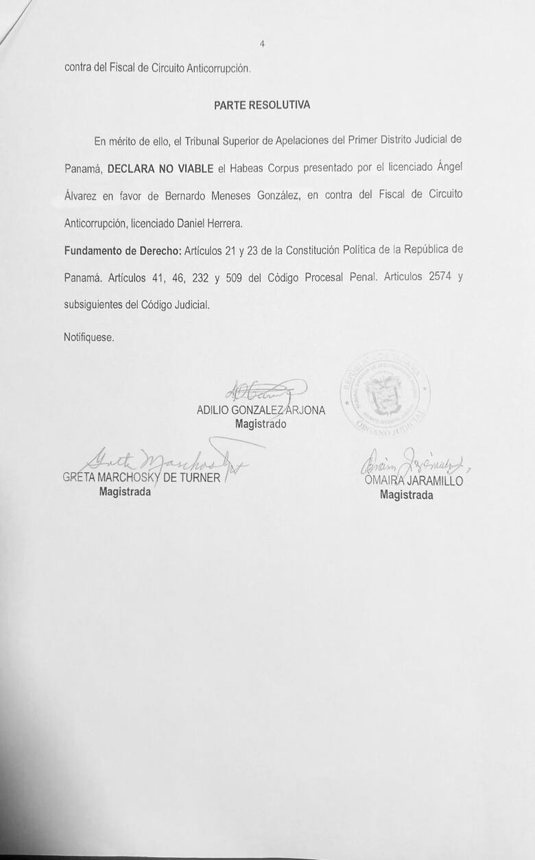 Tribunal negó habeas corpus a favor de Bernardo Meneses