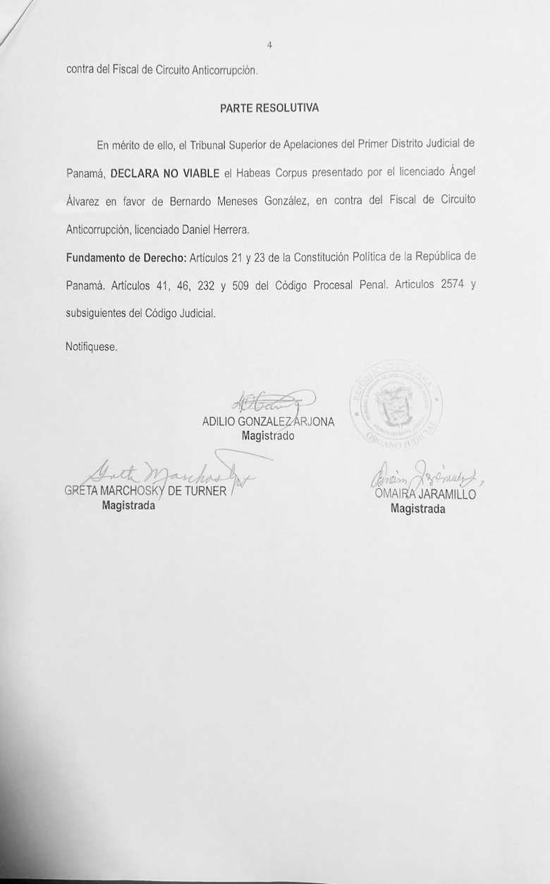 Tribunal negó habeas corpus a favor de Bernardo Meneses