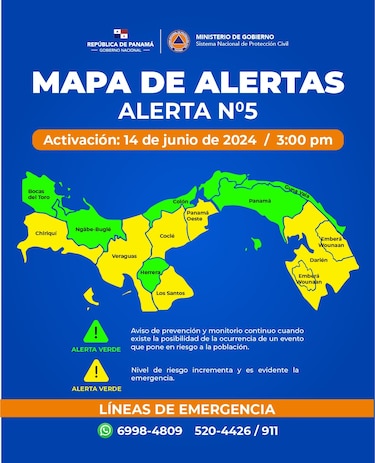 Sinaproc declara alerta amarilla en seis provincias y una comarca