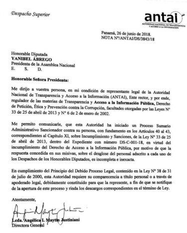 Antai abre proceso a Yanibel Ábrego por falta de transparencia