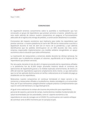 Appetito24 reporta una disminución de 40% en sus pedidos, y suspende los salvoconductos de 50 motorizados que protestaron