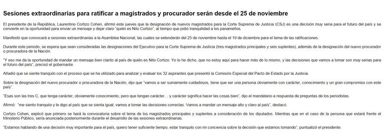 Sesiones extraordinarias para ratificar a magistrados y procurador empezarán el 25 de noviembre
