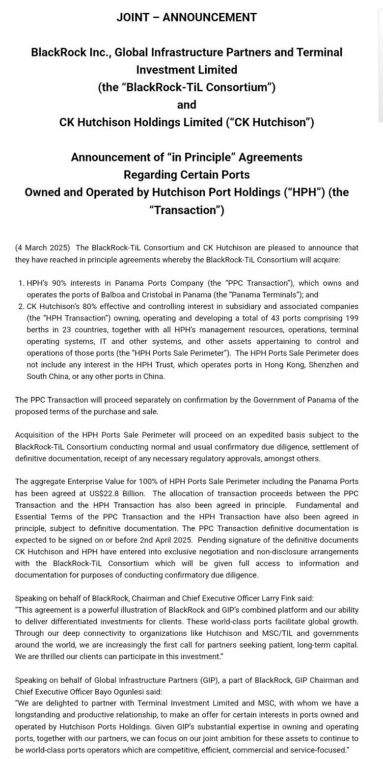 BlackRock llega a un acuerdo con Hutchison Ports, incluyendo la compra de Panama Ports