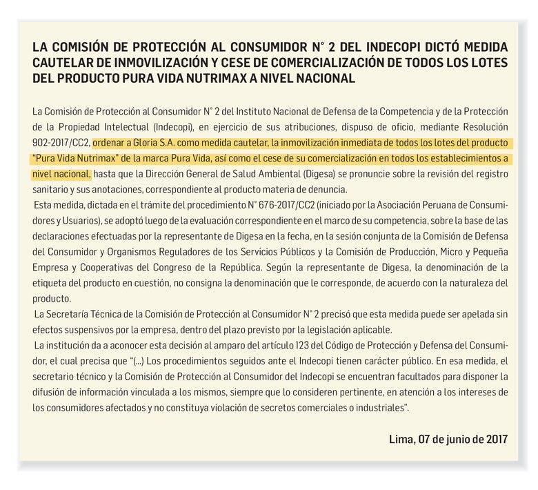 Perú prohíbe venta de ‘leche’ Pura Vida