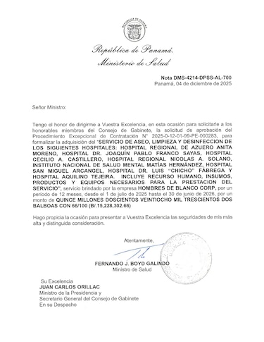 El Minsa pide al Gabinete aprobar contratación directa de Hombres de Blanco