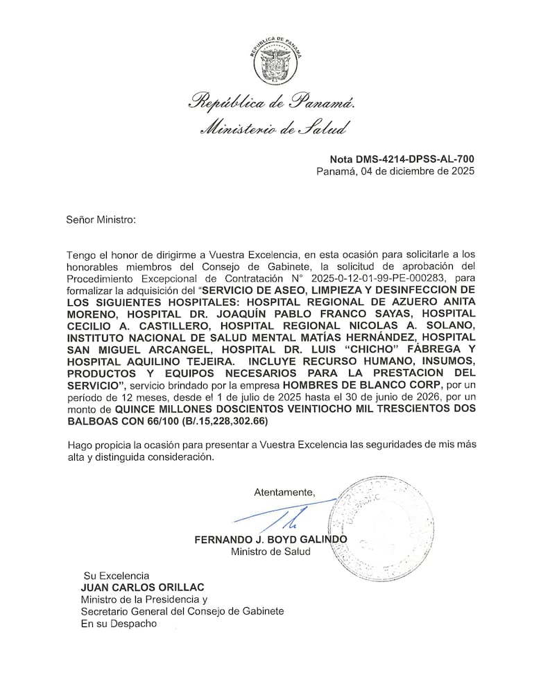 El Minsa pide al Gabinete aprobar contratación directa de Hombres de Blanco