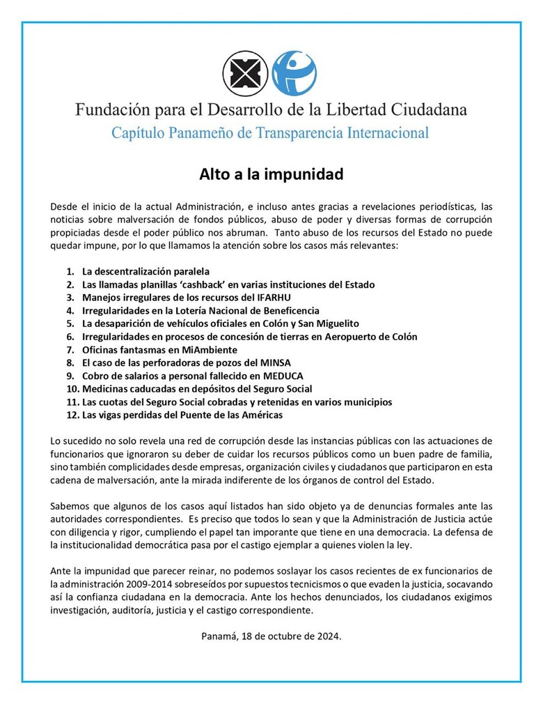‘Tanto abuso de los recursos del Estado no puede quedar impune’: Fundación para el Desarrollo de la Libertad Ciudadana