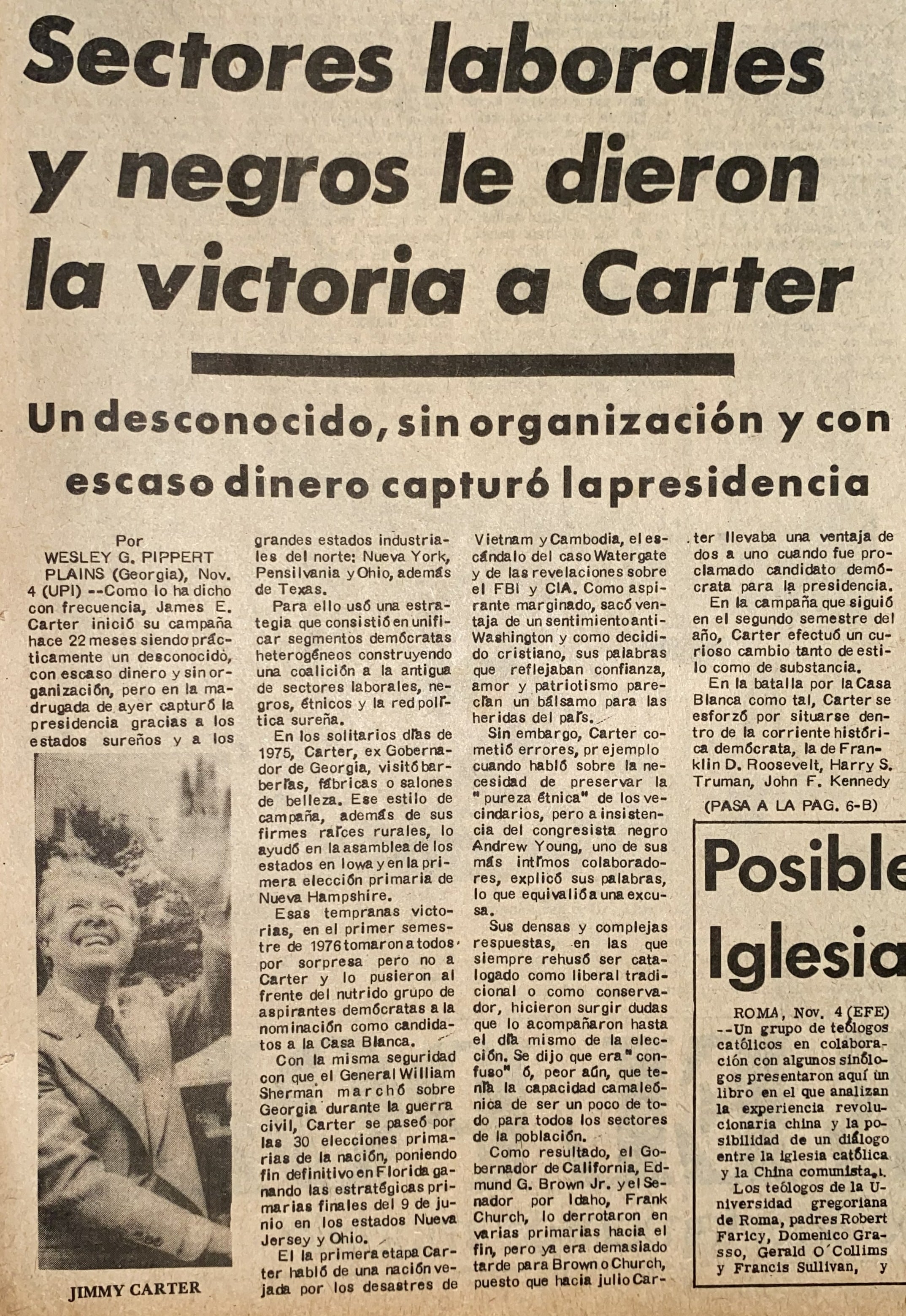 Sección de la portada del diario Matutino refiriéndose a la victoria presidencial de Jimmy Carter. 5 de noviembre de 1976. Obtenido en la Hemeroteca de la Biblioteca Nacional Ernesto J. Castillero R.