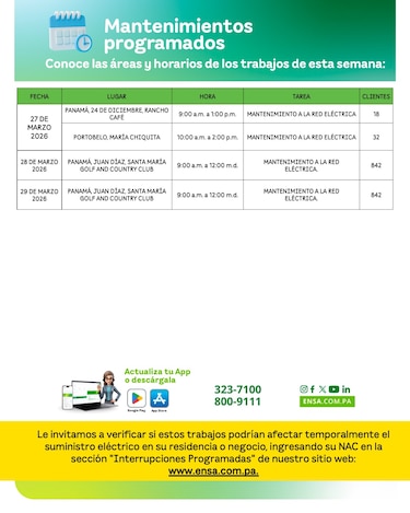 ENSA informa los mantenimientos programados del 23 al 29 de marzo de 2026
