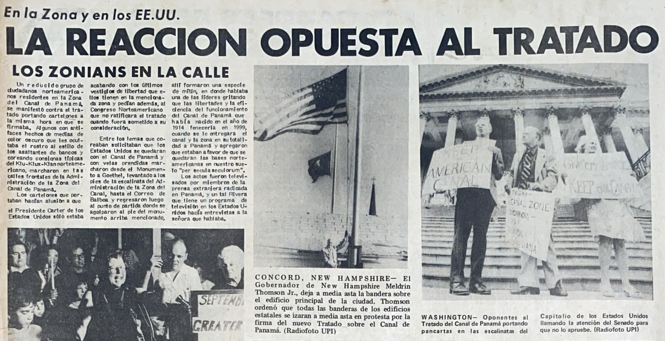 Manifestaciones de ciudadanos estadounidenses en contra de los tratados Torrijos-Carter. Diario Matutino, pág. 6-A. Jueves 8 de septiembre de 1977. Obtenido de la hemeroteca de la Biblioteca Nacional Ernesto J. Castillero.
