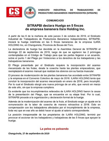 Mil trabajadores paralizan bananera en Bocas del Toro