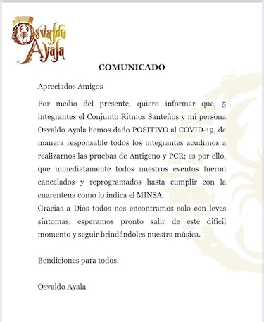 Osvaldo Ayala y varios miembros de su conjunto musical dan positivos a la Covid-19