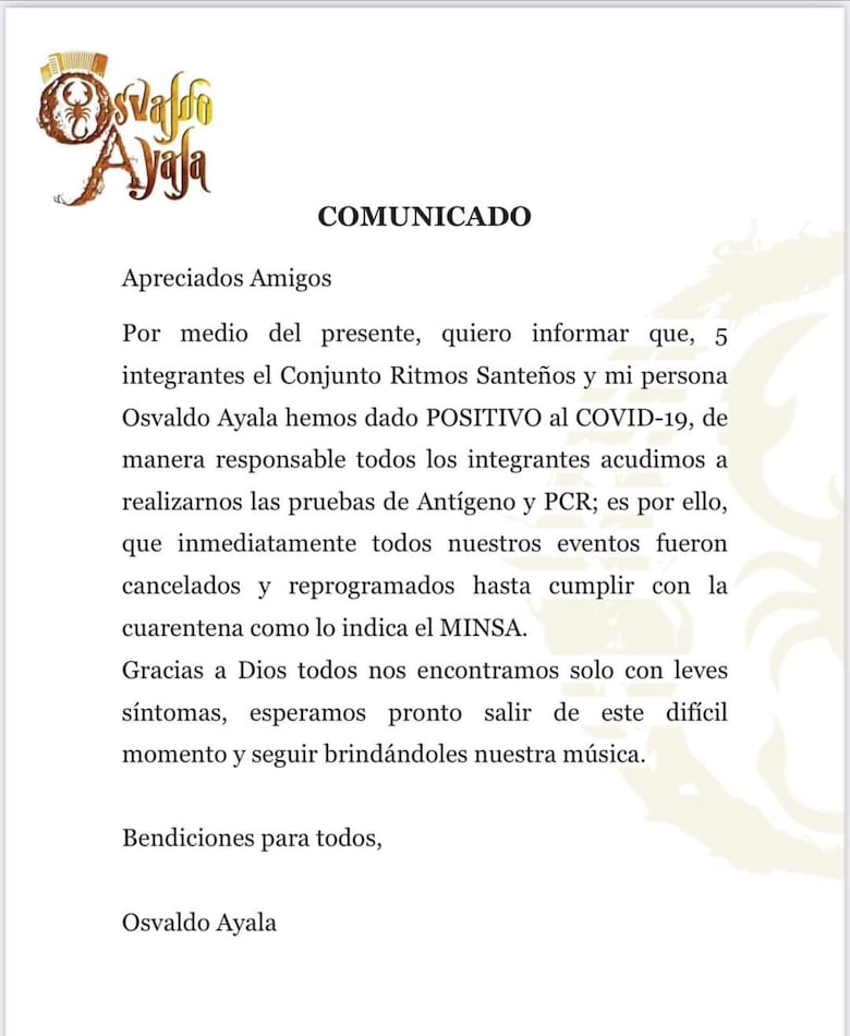 Osvaldo Ayala y varios miembros de su conjunto musical dan positivos a la Covid-19