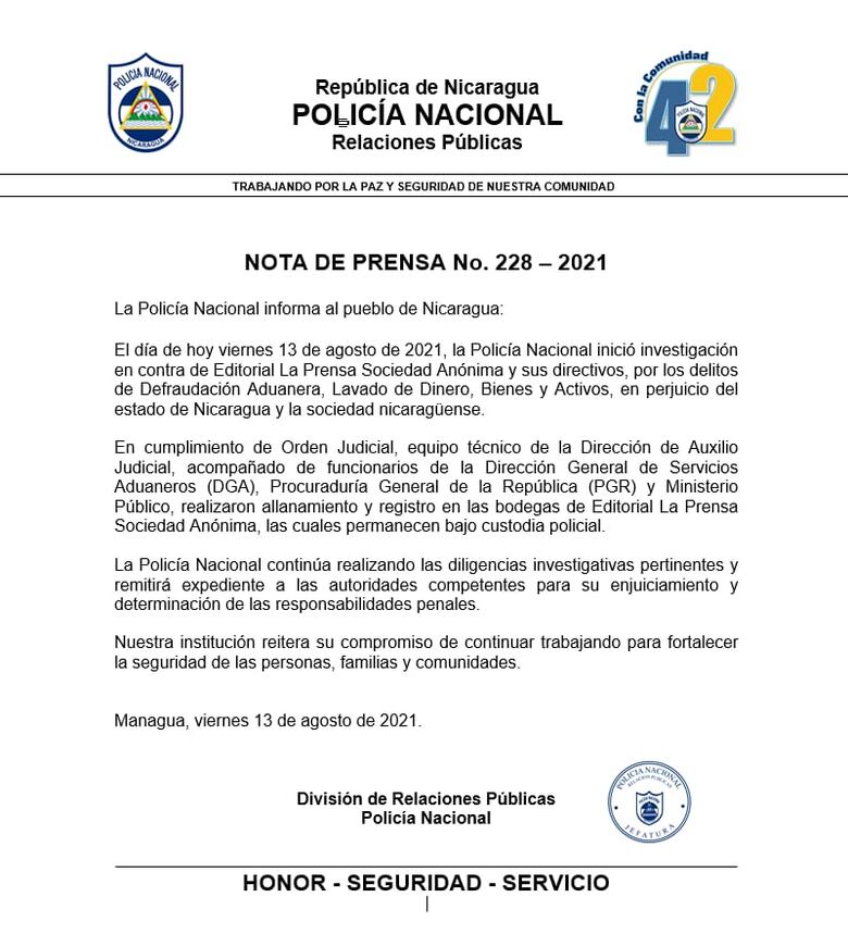 Policías del régimen de Ortega se toman las instalaciones de ‘La Prensa’ de Nicaragua