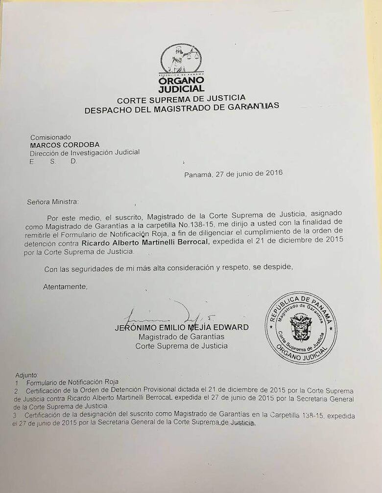 Mejía envía a la Interpol solicitud de alerta roja para arrestar a Martinelli