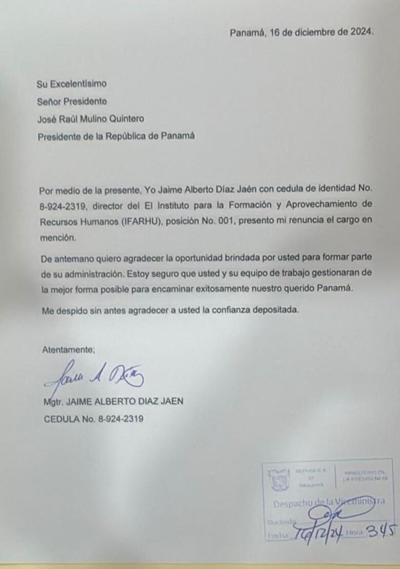 Jaime Díaz formaliza su renuncia como director del Ifarhu