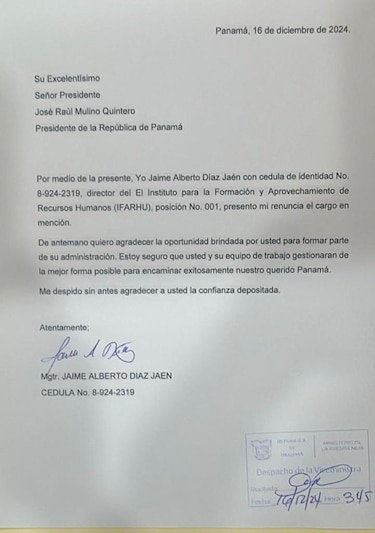 Jaime Díaz formaliza su renuncia como director del Ifarhu