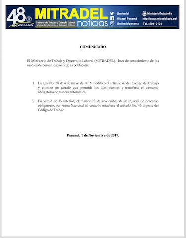 'El 28 de noviembre es día de descanso obligatorio': Mitradel