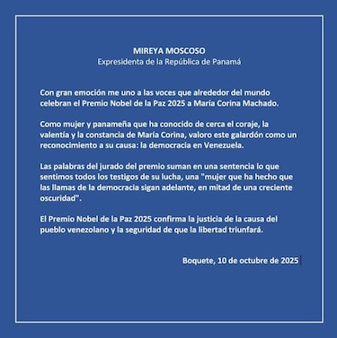 El presidente José Raúl Mulino felicita a María Corina Machado, ganadora del Premio Nobel de la Paz: ‘es un reconocimiento a la lucha por la libertad’