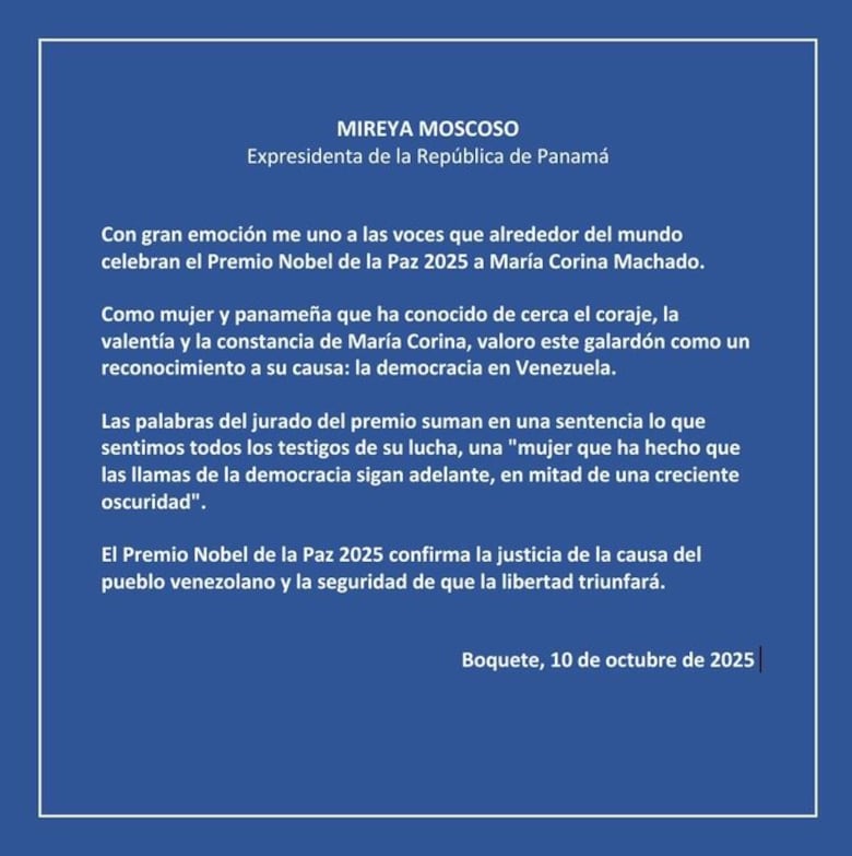 El presidente José Raúl Mulino felicita a María Corina Machado, ganadora del Premio Nobel de la Paz: ‘es un reconocimiento a la lucha por la libertad’