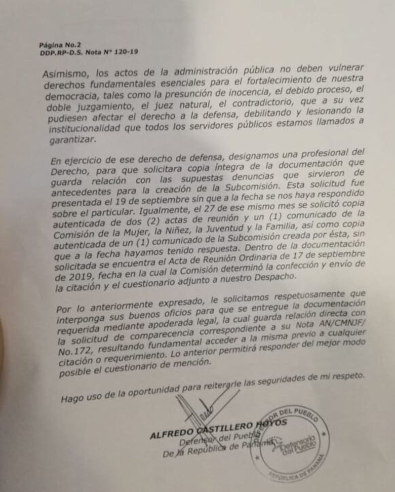 Comisión de la Mujer recomienda al pleno la remoción de Alfredo Castillero Hoyos como defensor del Pueblo