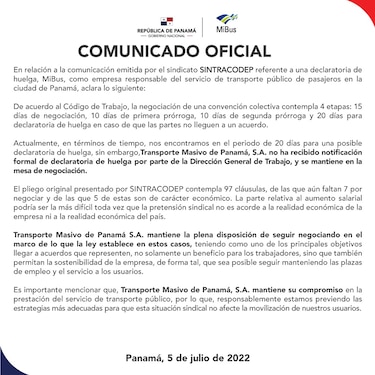 Trabajadores de Mi Bus anuncian huelga a partir del 18 de julio si no logran acuerdos en negociaciones