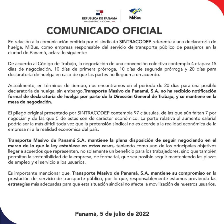 Trabajadores de Mi Bus anuncian huelga a partir del 18 de julio si no logran acuerdos en negociaciones