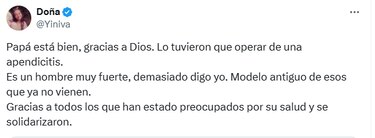 ‘Papá está bien’, dice Yiniva sobre la salud de Dorindo Cárdenas, quien fue operado de apendicitis