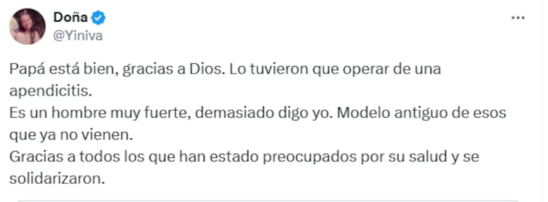 ‘Papá está bien’, dice Yiniva sobre la salud de Dorindo Cárdenas, quien fue operado de apendicitis