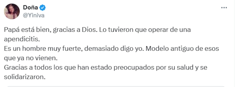 ‘Papá está bien’, dice Yiniva sobre la salud de Dorindo Cárdenas, quien fue operado de apendicitis